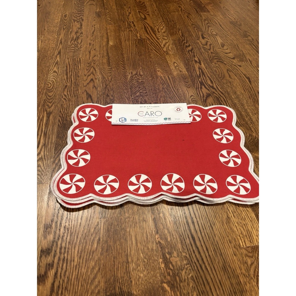 Caro Peppermint Red White Christmas Placemat Set Of 4 NWT 13"x19" Cotton Scallop
